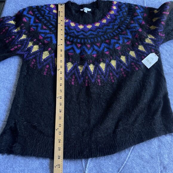 Time and Tru Sweater Womens Large Black Eyelash Fair Isle Side Slit Long Sleeve - Picture 8 of 11